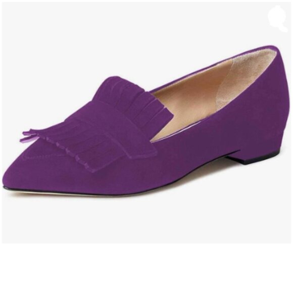 XYD Purple Vintage Fringe Dress Pointy Toe Slip Ons Loafers Chunky Low Heel Shoe - Picture 1 of 8